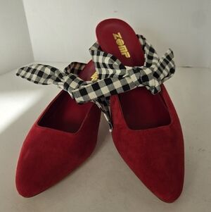 ZOMP Red Suede Mules with Plaid Bow